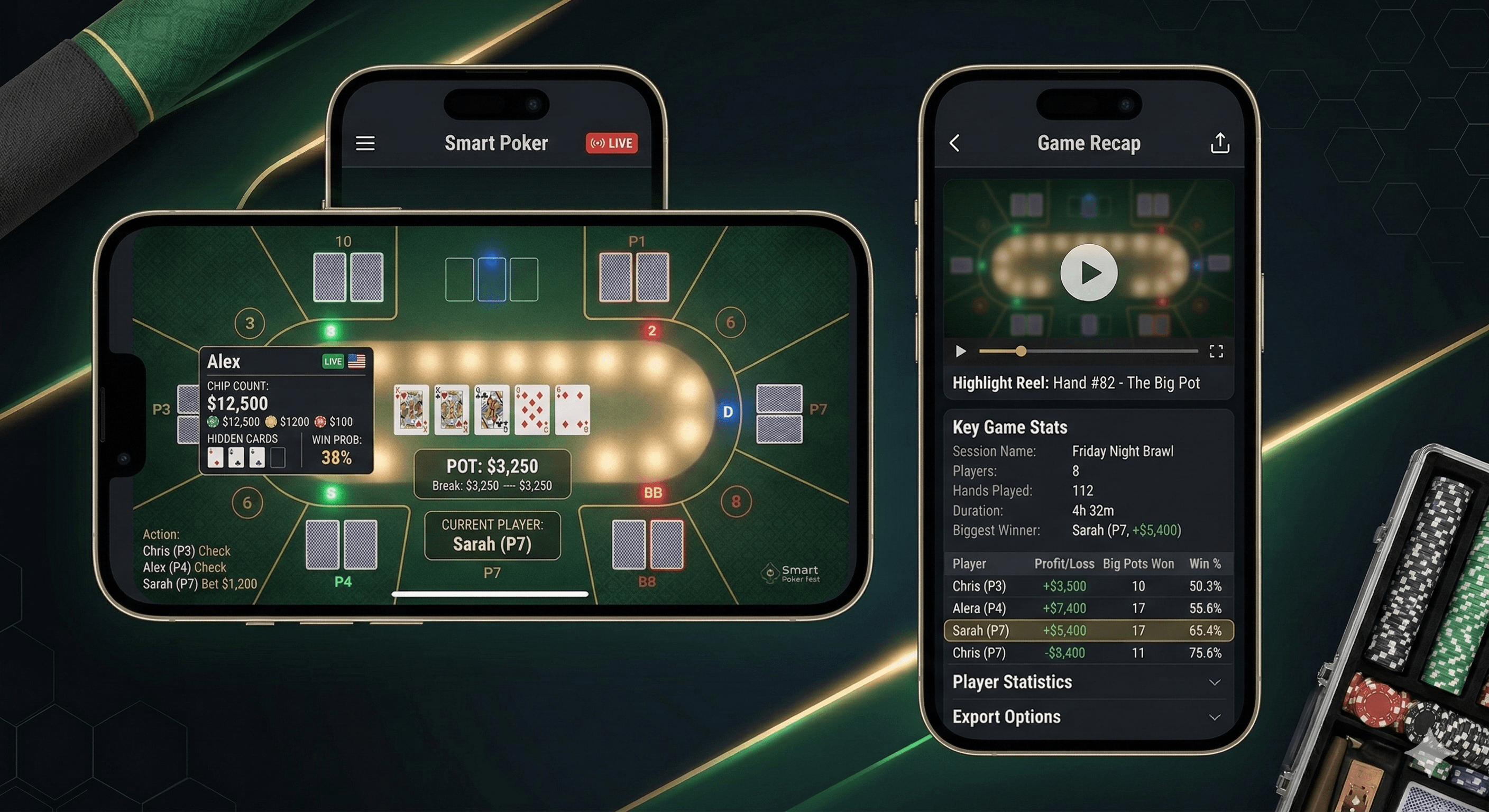Poker Nomad companion app showing live game view and game recap screens