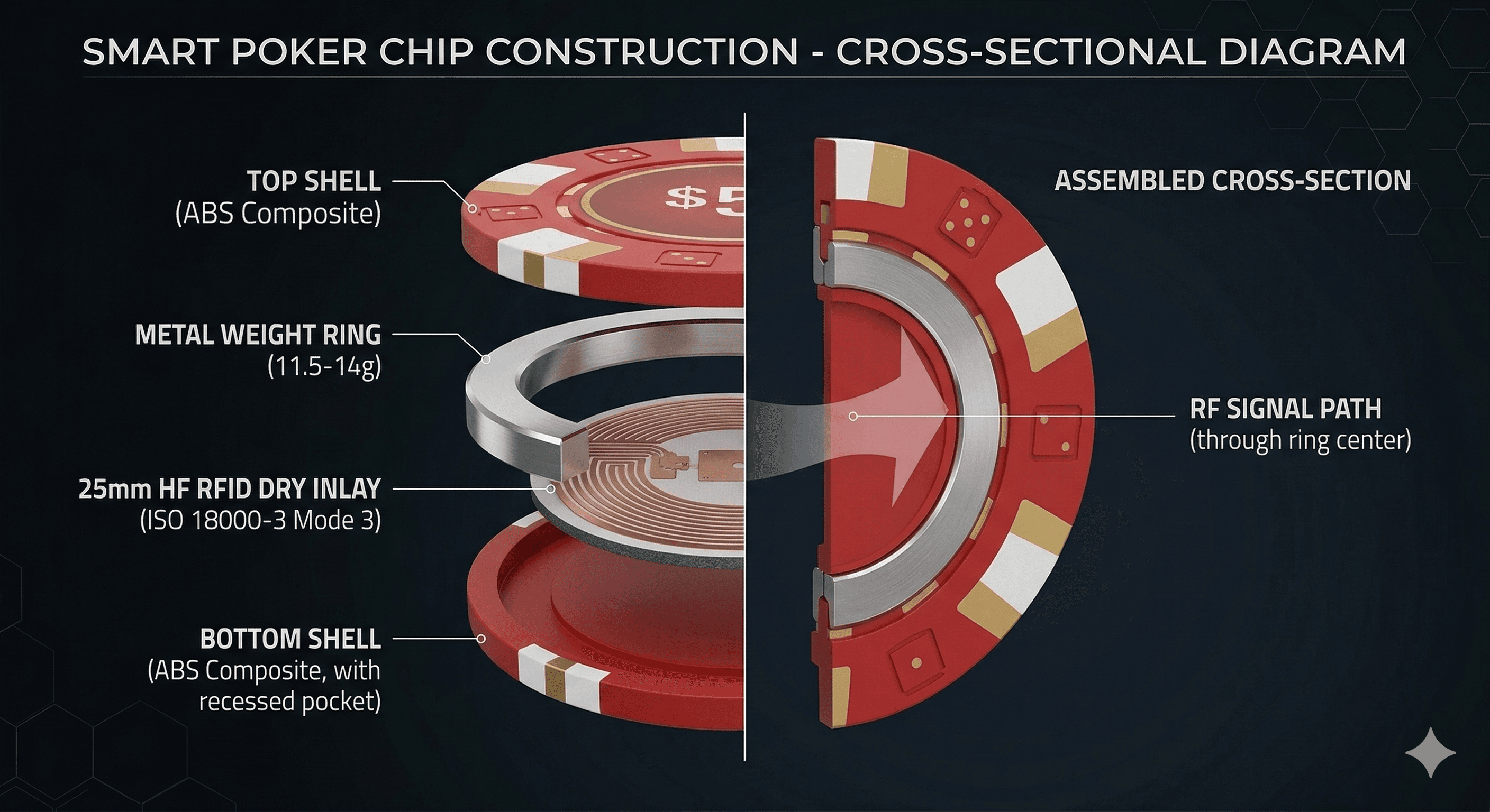 Cross-section view of an RFID poker chip showing internal layers