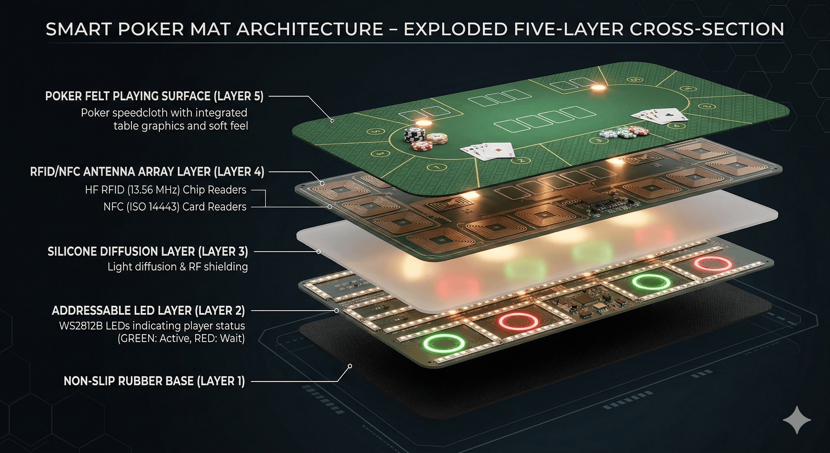 Exploded cross-section view showing the 5 layers of the Poker Nomad smart mat