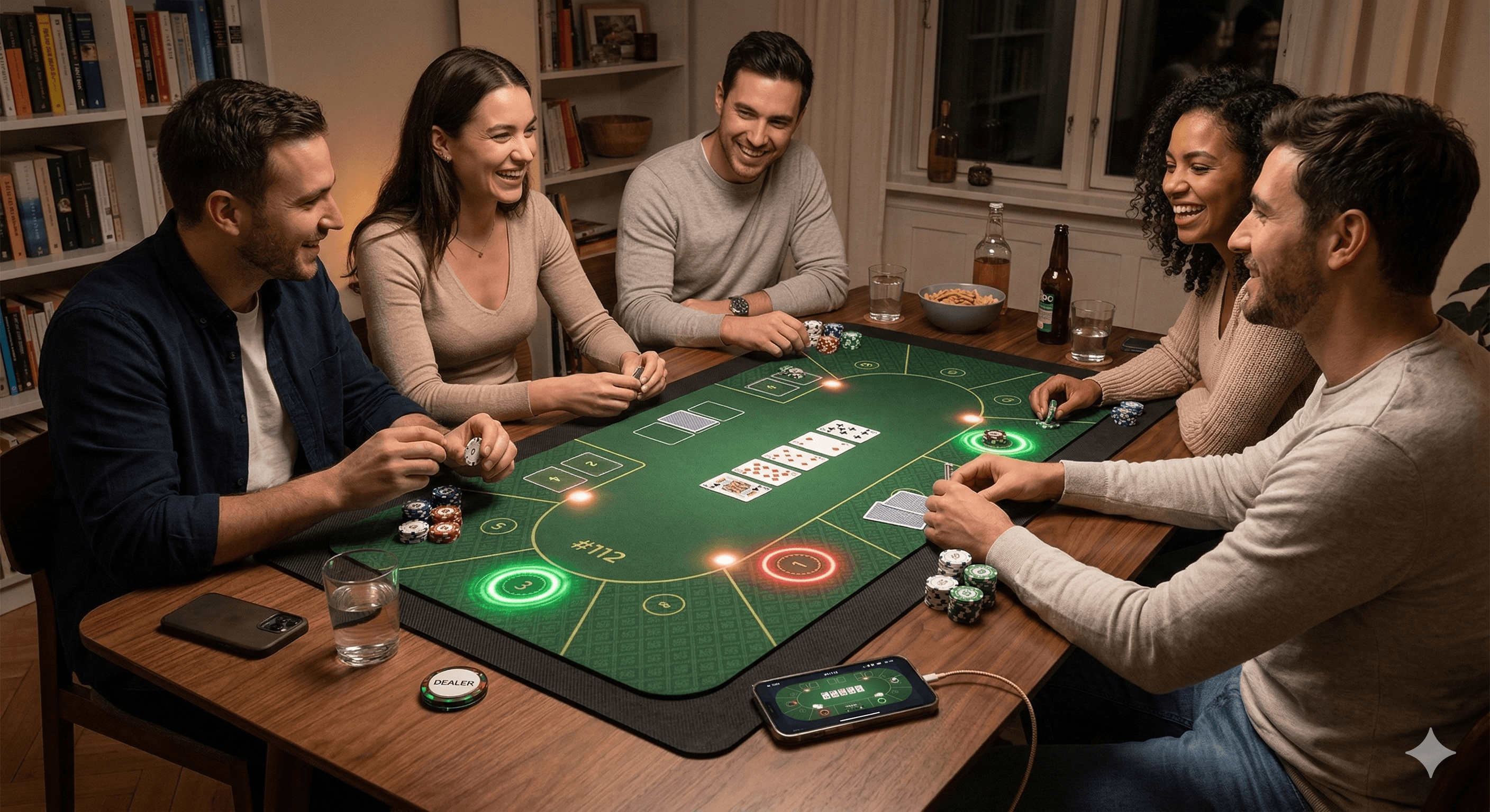 Friends playing poker on the Poker Nomad smart mat with LED indicators glowing