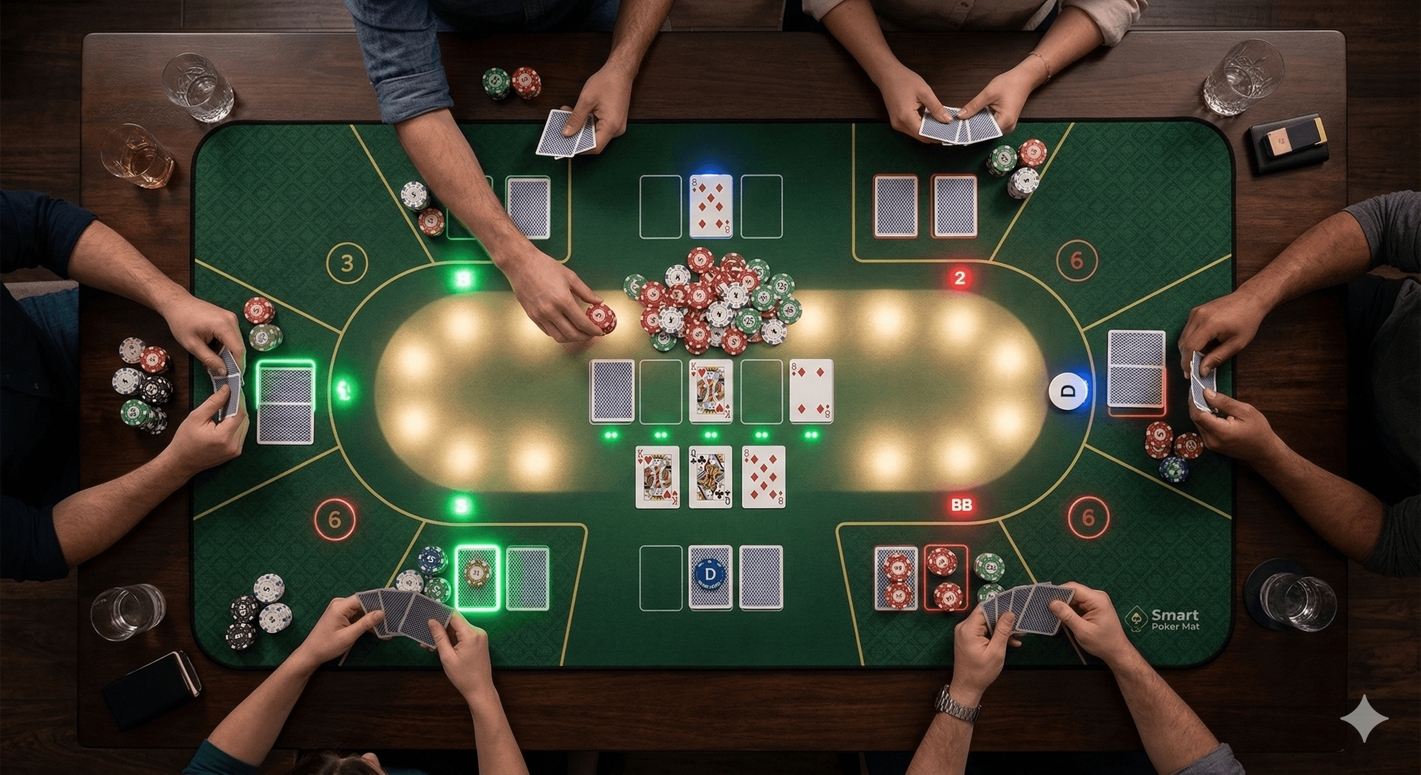 Overhead view of Poker Nomad mat during an active game with LED indicators